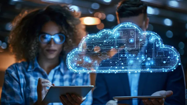 Two professionals interact with a glowing cloud technology graphic, symbolizing cloud computing innovation.