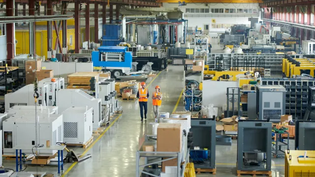 Workers in safety gear walking through a spacious manufacturing facility with machinery and equipment.