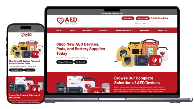 Responsive website displaying AED devices, pads, and batteries for sale with clear navigation and call-to-action buttons.