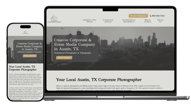 Responsive website on phone and laptop showing creative corporate event media company in Austin, TX.