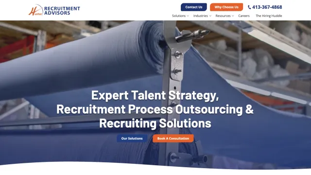 Industrial fabric rolling machine with text about talent strategy and recruitment solutions overlayed.