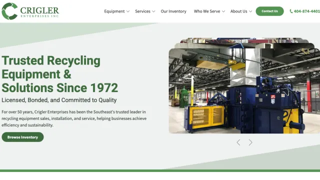 Industrial recycling equipment in a warehouse setting with Crigler Enterprises branding and contact details.