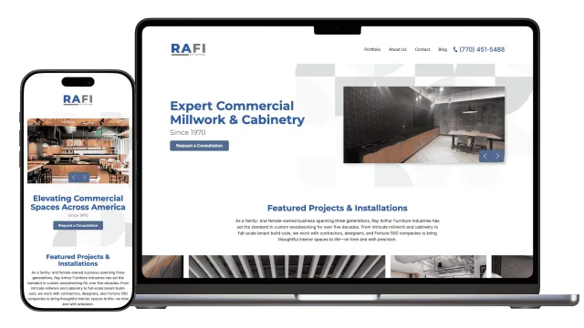 RAFI website showing expert commercial millwork and cabinetry services with project images on phone and laptop screens
