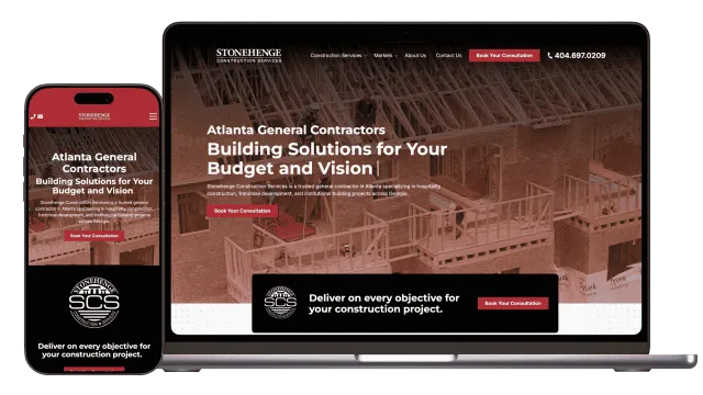 Responsive website for Stonehenge Construction showing general contracting services in Atlanta with consultation call to action.