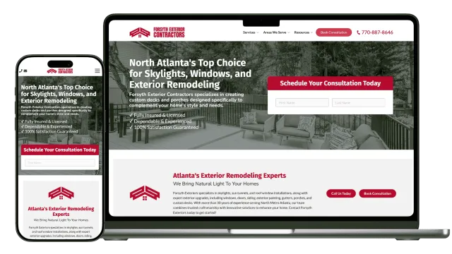 Screenshot of Forsyth Exterior Contractors website showing skylight and exterior remodeling services with consultation form.