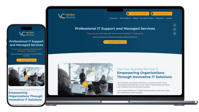 Vector Choice website shown on mobile and laptop, featuring IT support and managed services with call-to-action buttons.
