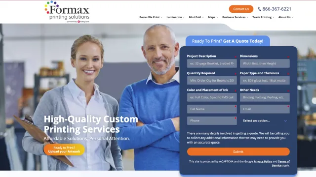 Two smiling professionals in a printing workshop promoting custom printing services with a quote request form.