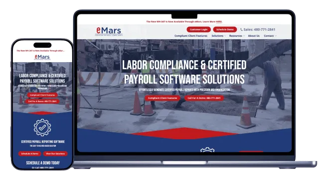 eMars labor compliance and certified payroll software homepage shown on mobile and laptop devices.