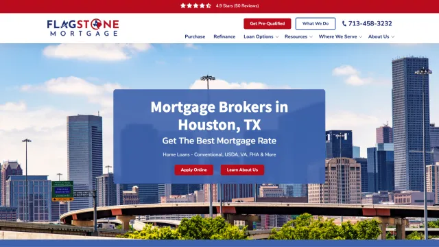 Flagstone Mortgage website featuring Houston skyline and mortgage service offerings.