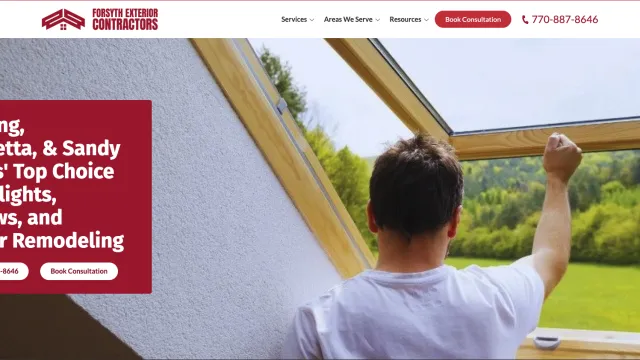 Man opening a skylight window with a scenic green landscape visible outside during exterior remodeling.