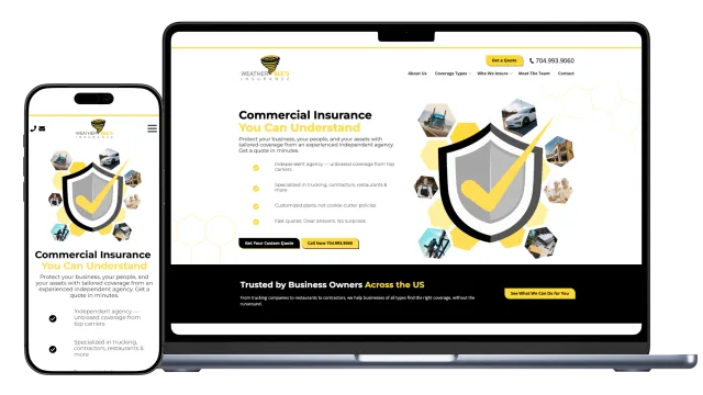 Responsive website of Weather Bees Insurance showcasing commercial insurance services with shield and checkmark icon.