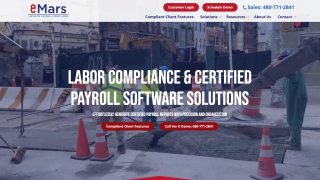 Website homepage featuring eMars logo, labor compliance, and payroll software theme.
