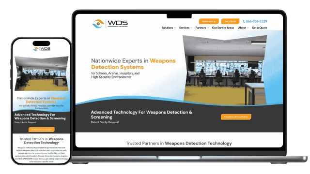 Website homepage for WDS showcasing weapons detection systems for schools, hospitals, and security environments.