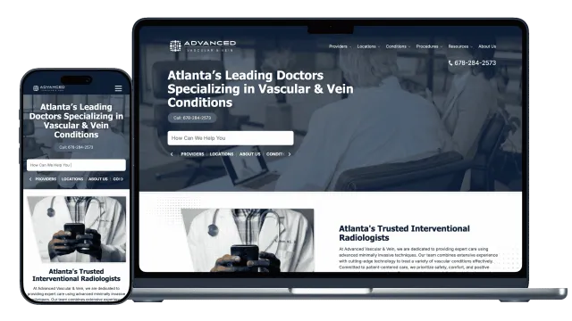 Responsive website showing vascular and vein specialists with medical professionals and contact information
