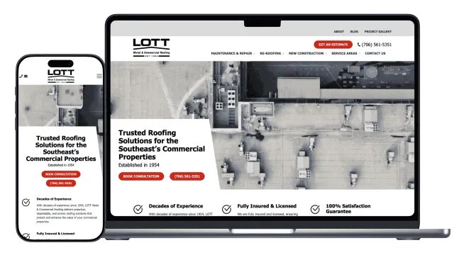 Mobile and laptop screens showing LOTT Metal & Commercial Roofing website with roofing service details and contact info.