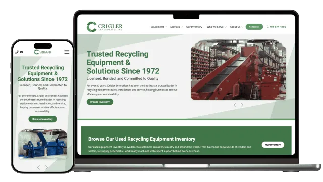 Responsive website showing Crigler Enterprises trusted recycling equipment and solutions since 1972 on phone and laptop.
