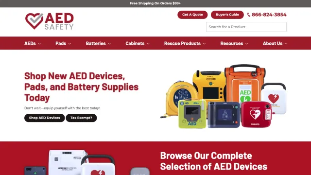 AED Safety website showcasing a variety of AED devices and battery supplies for emergency readiness.