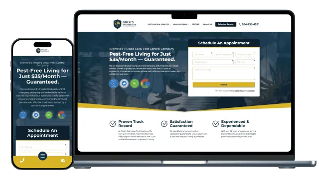 Responsive pest control company website showing service guarantee, appointment form on phone and laptop screens.