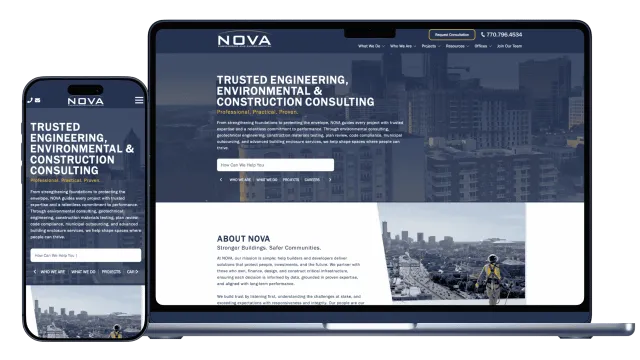 Responsive website design for NOVA engineering and construction consulting shown on smartphone and laptop screens.
