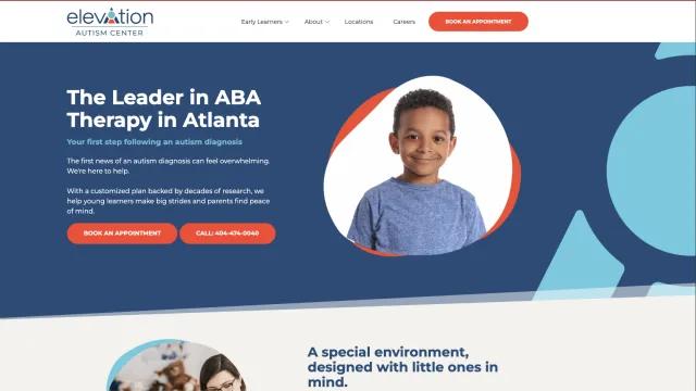 Smiling young boy against blue background promoting ABA therapy services in Atlanta at Elevation Autism Center