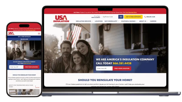 USA Insulation website shown on laptop and mobile displaying call to action for free estimates and contact info
