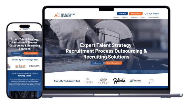 Laptop and smartphone showing recruitment advisors website with talent strategy and recruiting solutions content.