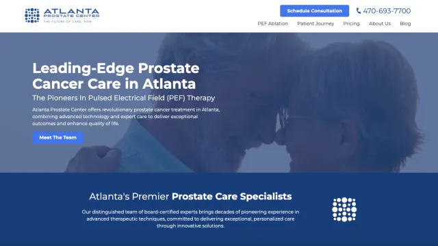 Website header for Atlanta Prostate Center highlighting leading-edge prostate cancer care and expert specialists.