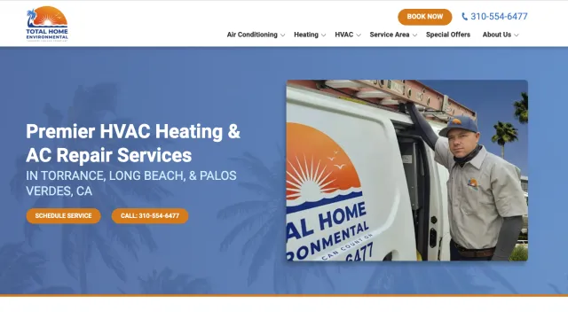 HVAC technician standing by a service van with Total Home Environmental logo in California palm tree background