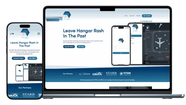 Fyve By device screens showing hangar rash prevention technology with request demo and sky view options.