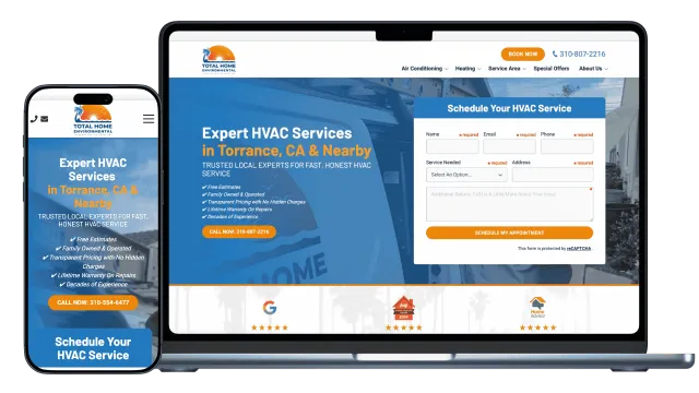 Website homepage for Total Home Environmental showing HVAC services with contact form on laptop and mobile screens