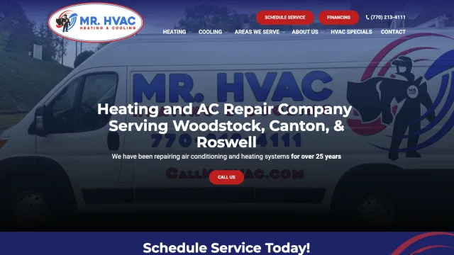 MR. HVAC heating and cooling service van with company logo and contact number parked outdoors.