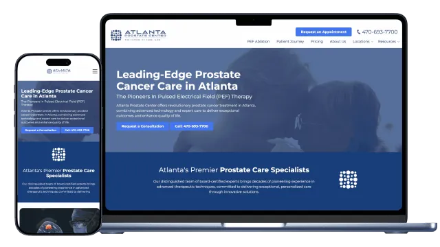 Atlanta Prostate Center website showing prostate cancer care and PEF therapy information on phone and laptop screens.