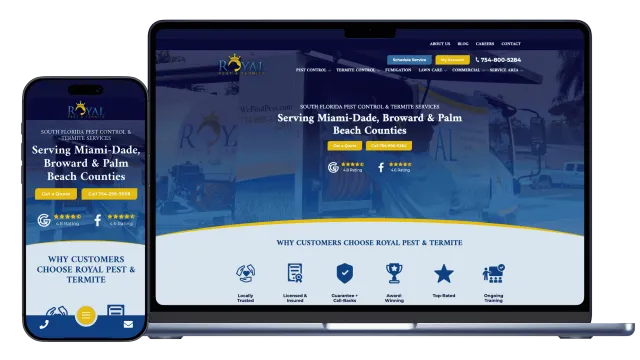 Responsive Royal Pest & Termite website on smartphone and laptop showing pest control services in South Florida.