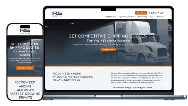 RS Group website on mobile and laptop showing competitive freight shipping quotes and services.