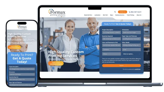 Website showing custom printing services with quote form on laptop and mobile devices with smiling professionals