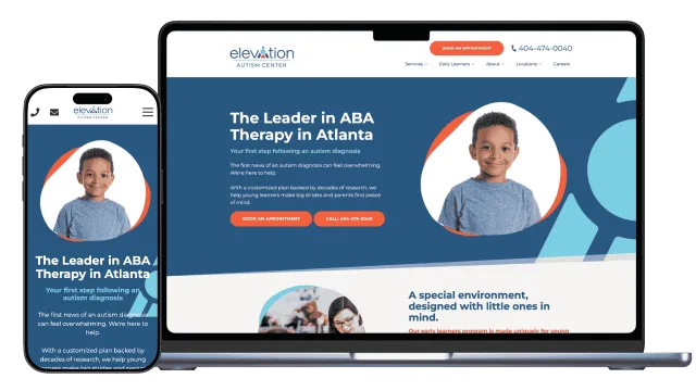 Website homepage showing ABA therapy services in Atlanta with child portrait and appointment call-to-action.