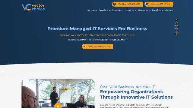 Vector Choice homepage showing premium managed IT services with call-to-action buttons and a business meeting image.