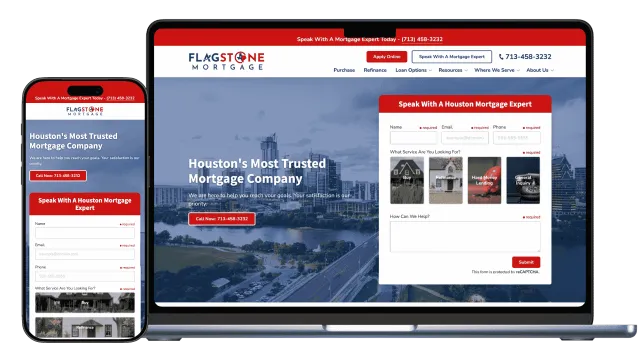 Flagstone Mortgage website on mobile and laptop showing Houston mortgage services and expert contact form.