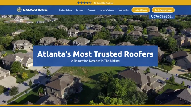Aerial view of a suburban neighborhood with houses and tree-lined streets promoting Atlanta roofing services