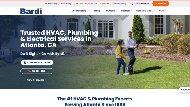 Homeowners walking on lawn in front of a white house promoting HVAC and plumbing services in Atlanta by Bardi.