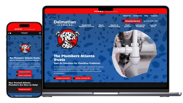 Dalmatian Plumbing website homepage showing plumbing services, contact info, and scheduling options on laptop and phone.