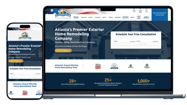Responsive website of Atlanta's premier exterior home remodeling company showing consultation booking form on phone and laptop.