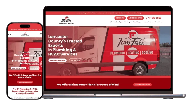 Mobile and laptop screens showing Tom Falk Plumbing and Heating website with service van image and contact details.