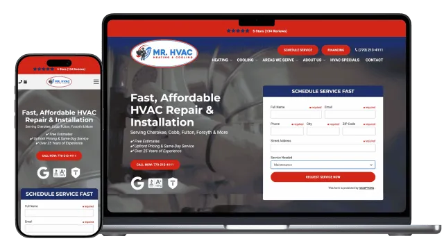 Responsive HVAC repair and installation website on mobile and laptop screens with service scheduling form.