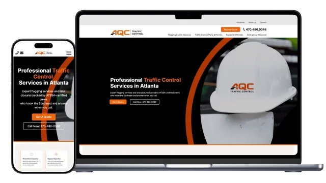 Website on laptop and phone showing professional traffic control services in Atlanta with a white hard hat and orange accents.