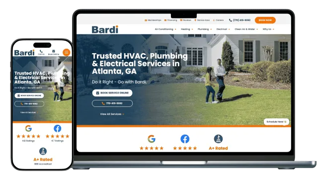 Website homepage for Bardi showcasing trusted HVAC, plumbing, and electrical services in Atlanta, GA on laptop and phone.
