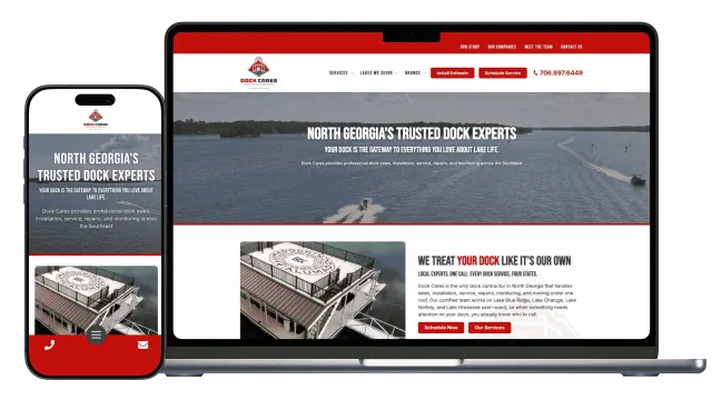 Responsive website design showcasing North Georgia dock services on mobile and laptop screens with lake background.