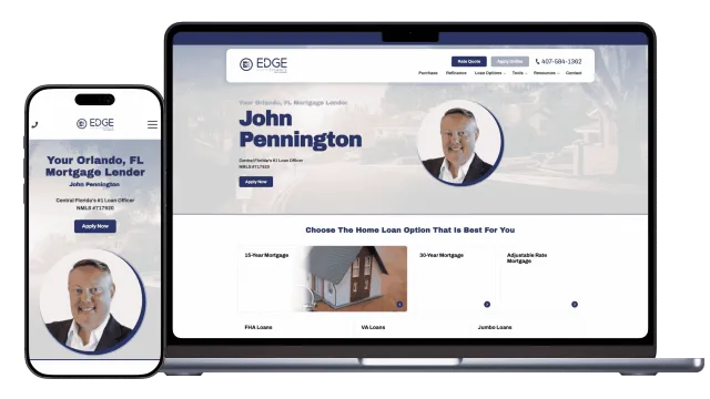 Website homepage of Orlando mortgage lender John Pennington shown on mobile and laptop screens.