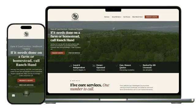 Responsive Ranch Hand website showing farm services and request quote buttons on phone and laptop screens.