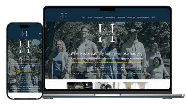Responsive website homepage of The Haven showing diverse group and key mission text on a laptop and smartphone.